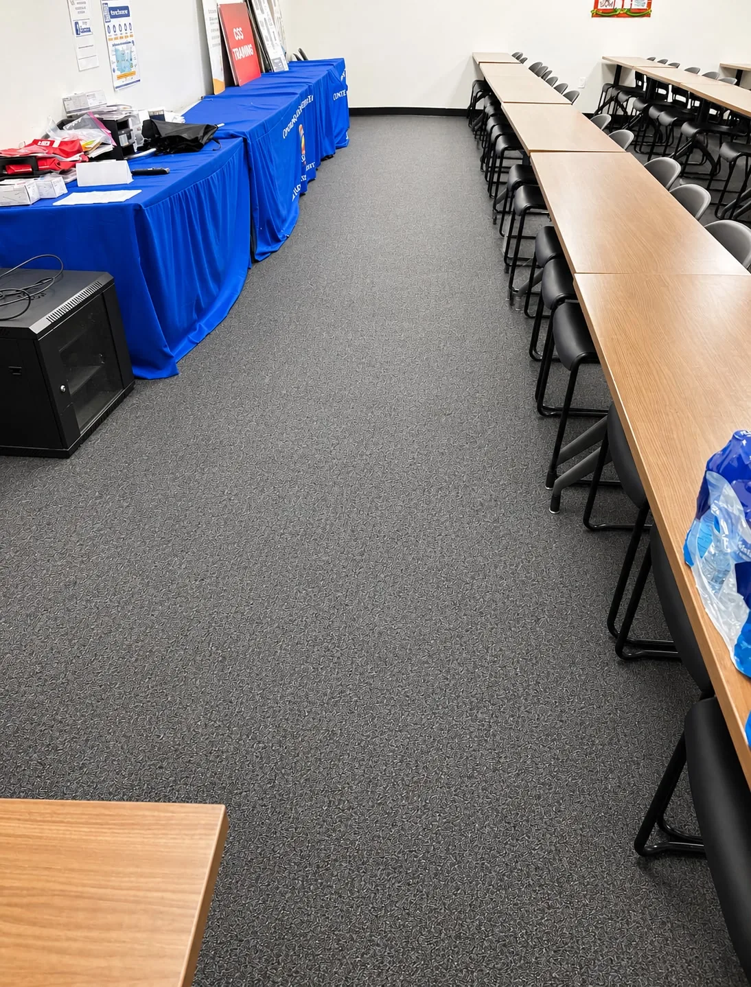 Training room carpet after cleaning, clean and even