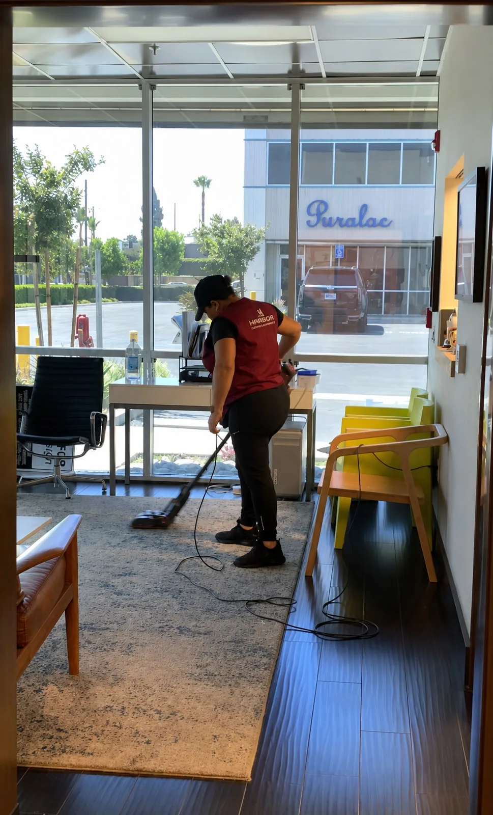Harbor team member vacuuming a client's office