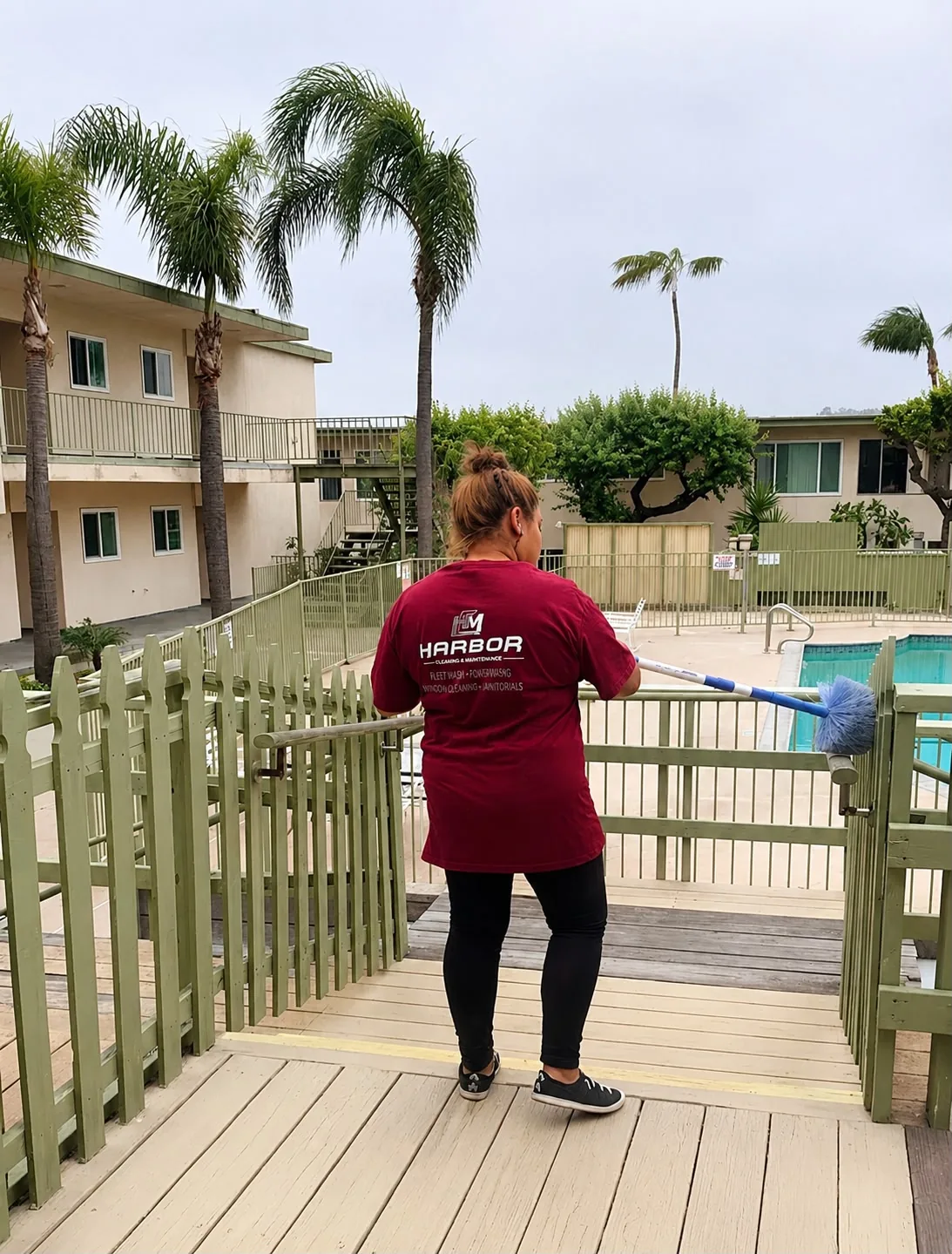Harbor Cleaning team member detailing a poolside railing