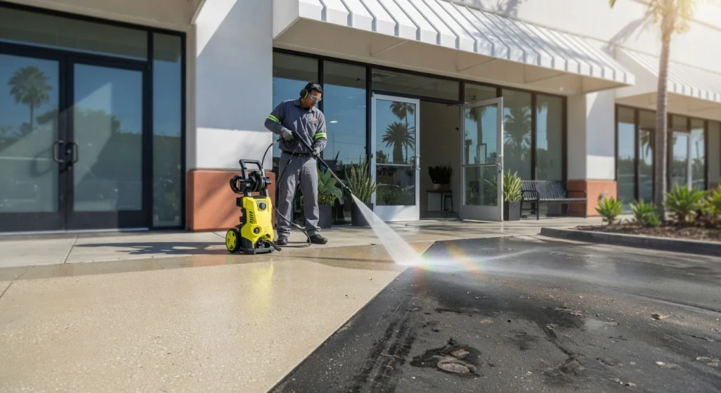 Clear contrast between freshly power-washed concrete and a dirty grimy section at a storefront entrance