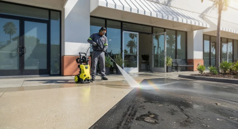Clear contrast between freshly power-washed concrete and a dirty grimy section at a storefront entrance