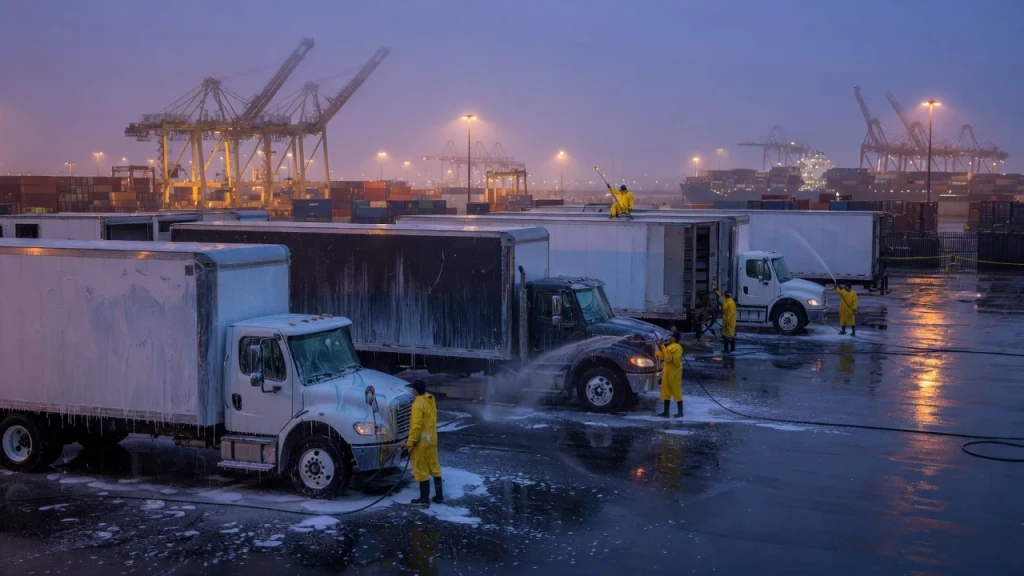 A crew pressure washing a fleet of commercial box trucks at dusk near the Port of Los Angeles