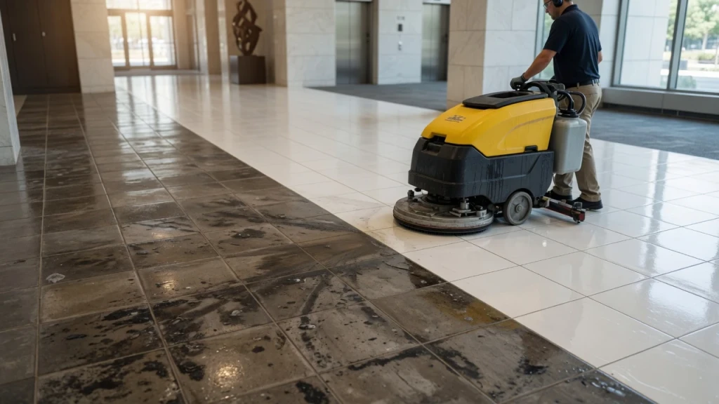 Floor technician machine-scrubbing a commercial tile floor, showing the dramatic difference between the stained side and the restored side