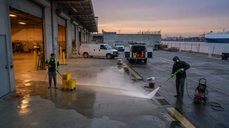 Commercial cleaning crew mopping warehouse floor and pressure washing loading dock near Port of Los Angeles