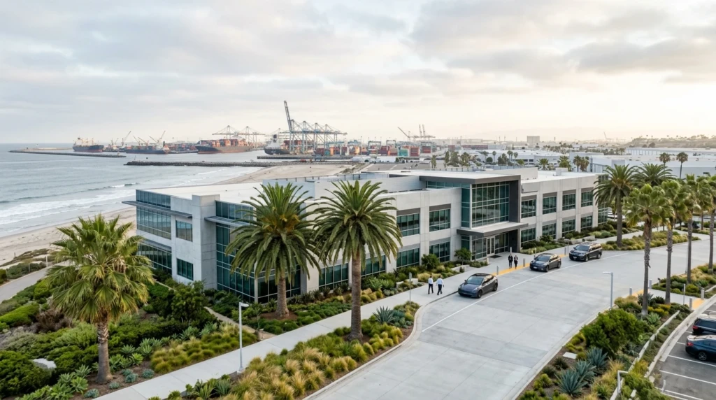 Modern commercial facility on the Southern California coast near the Port of LA, framed by palm trees and marine-layer light — seasonal commercial cleaning