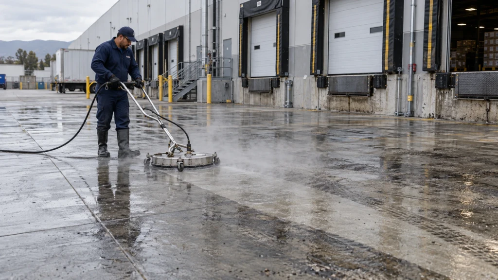 Worker pressure washing a commercial loading dock apron at a warehouse facility
