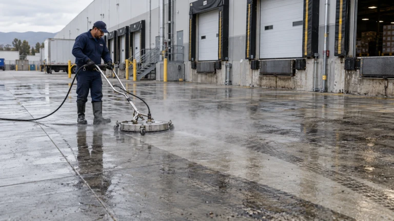 Worker pressure washing a commercial loading dock apron at a warehouse facility